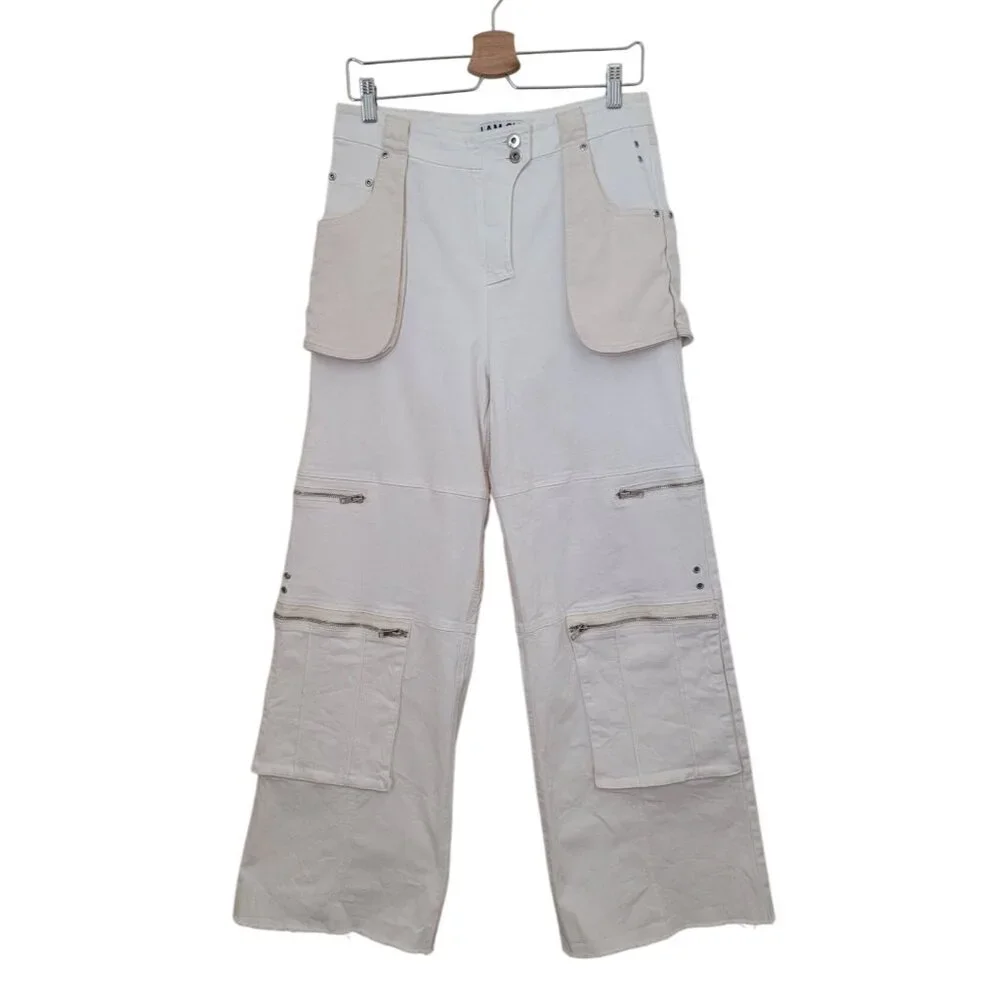 I.AM.GIA. BLAZE Raw Hem High Waisted Cargo Streetwear Pants Cream Women’s Sz L - Picture 1 of 12